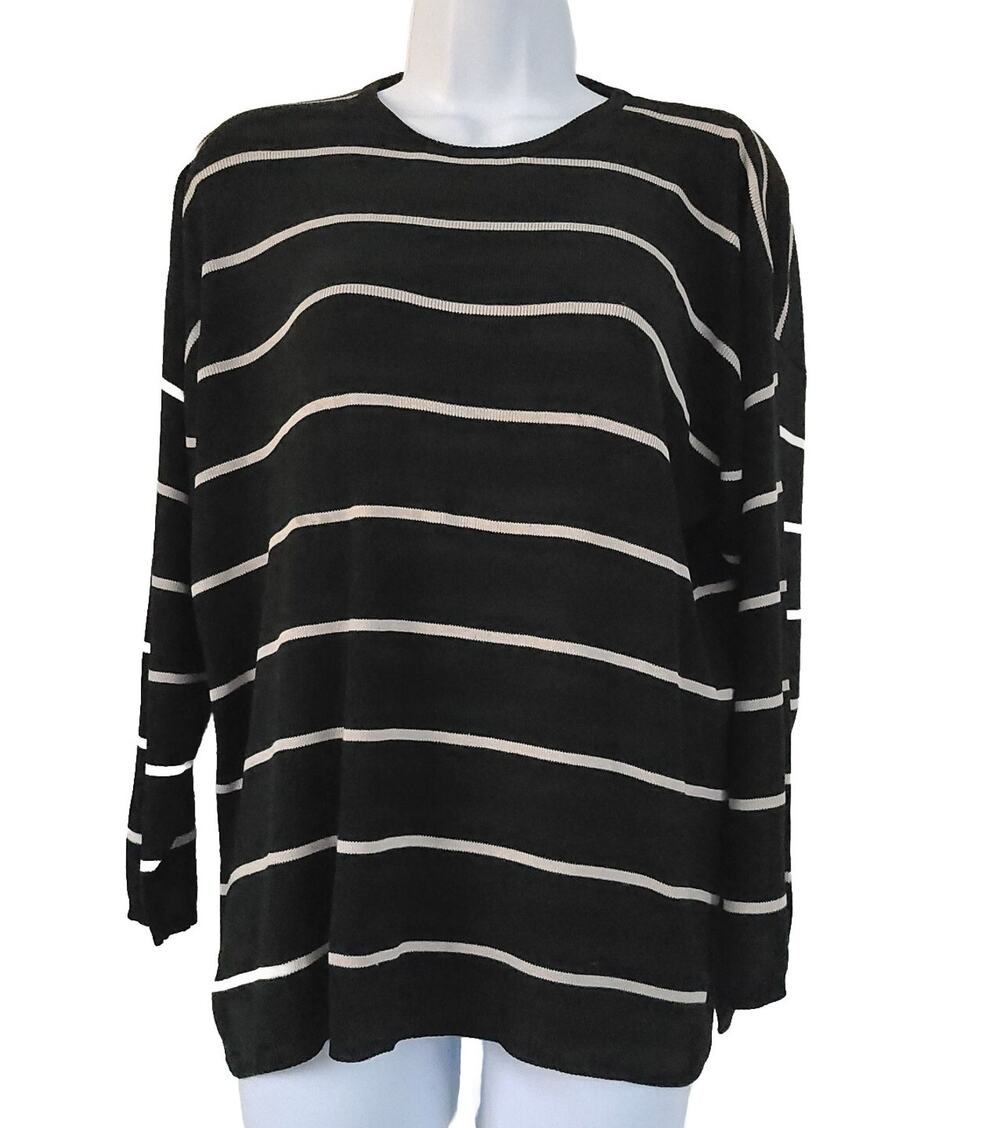 Finity Naturals Silk Knit Sweater Womens S Oversized Black Striped 3/4 Sleeve